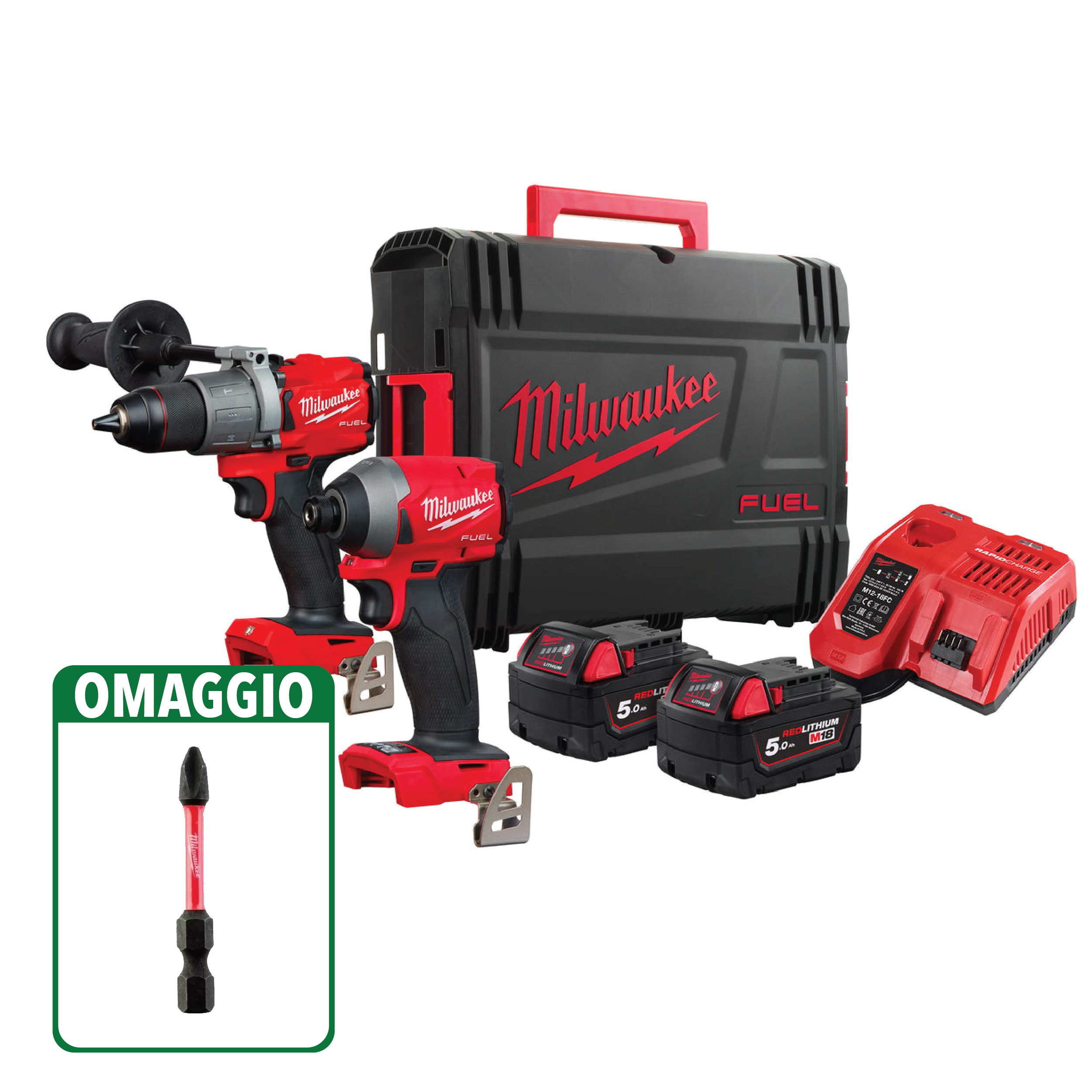 Milwaukee M18 FPP2A2-502X KIT 18V TRAPANO PERCUSSIONE + AVVITATORE IMPULSI BATT. INCLUSE + OMAGGIO - immagine 2