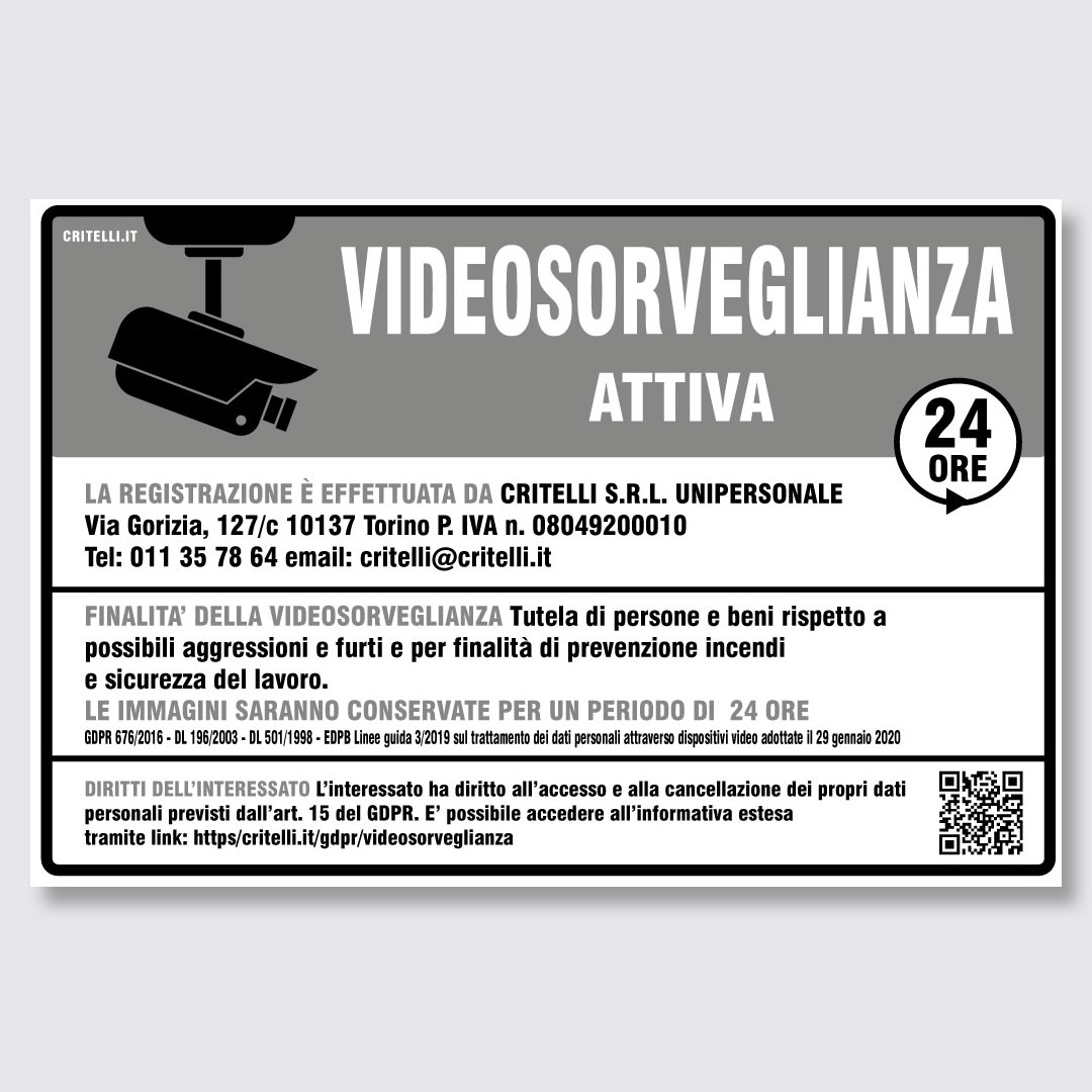 Cartello Videosorveglianza a norma 2024 GDPR e Privacy in Alluminio 36X24 cm Grigio - immagine 2